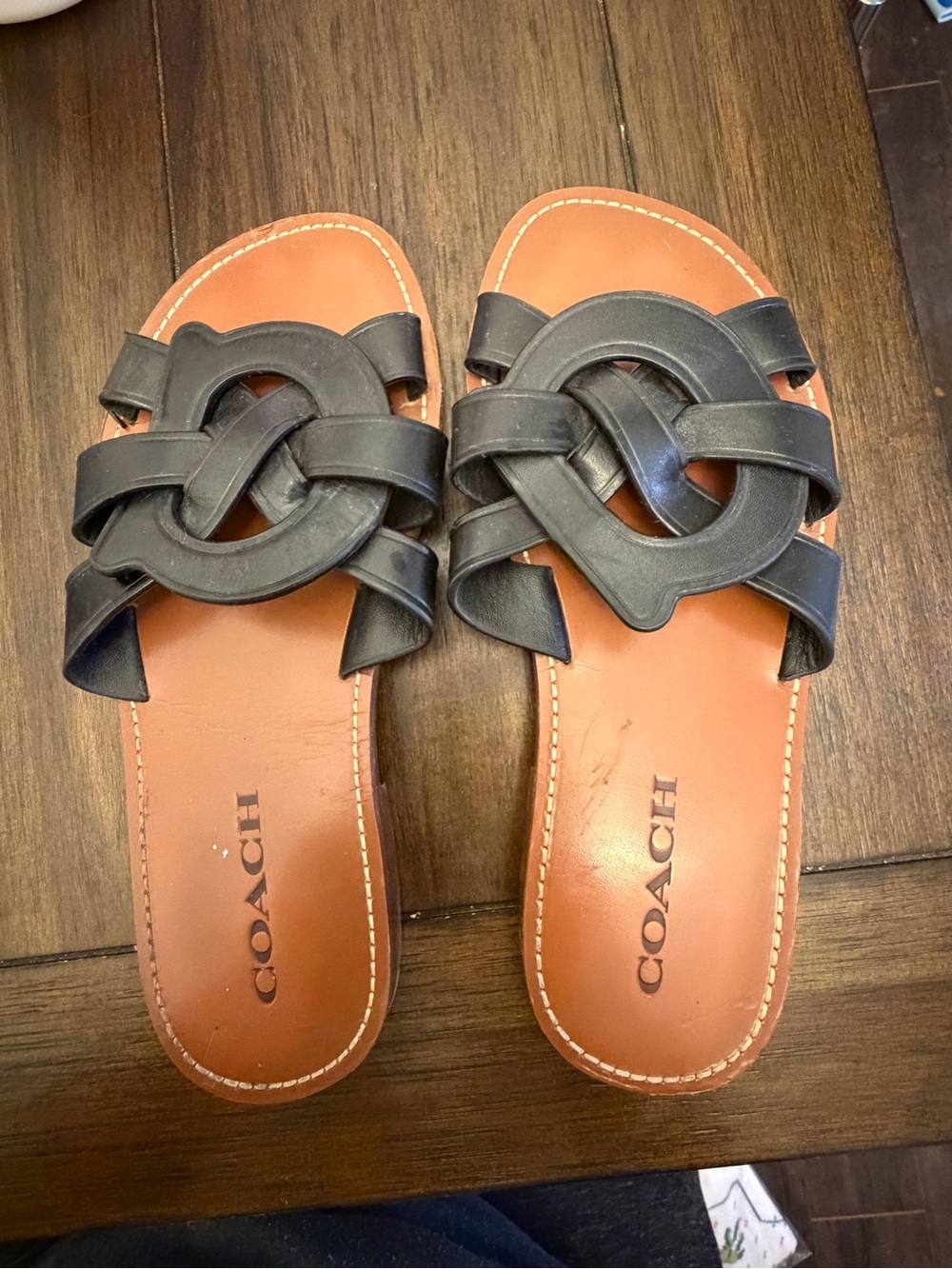 Coach Black Leather Knot Slide Sandals with Brown Footbed